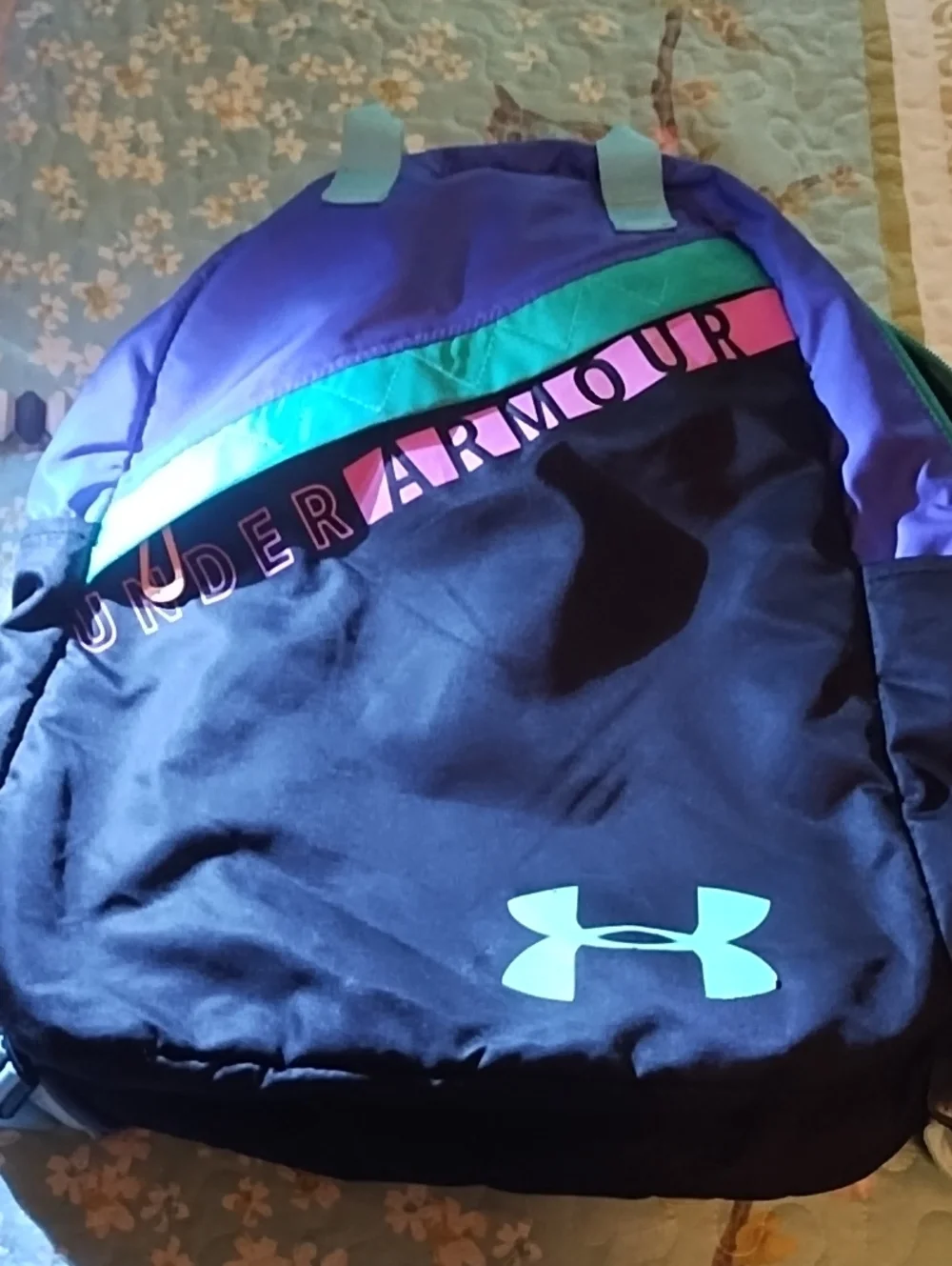 Under Armour Black Backpack with Teal, Purple & Pink Accents VGC.